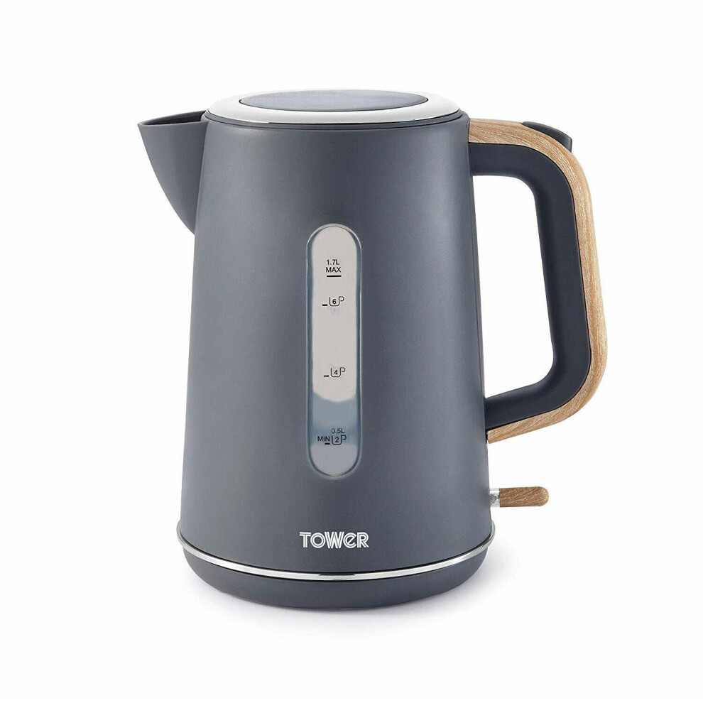 Tower Grey Kettle Rapid Boil Scandi Wood Accents 3kW Quick Boil Cordless