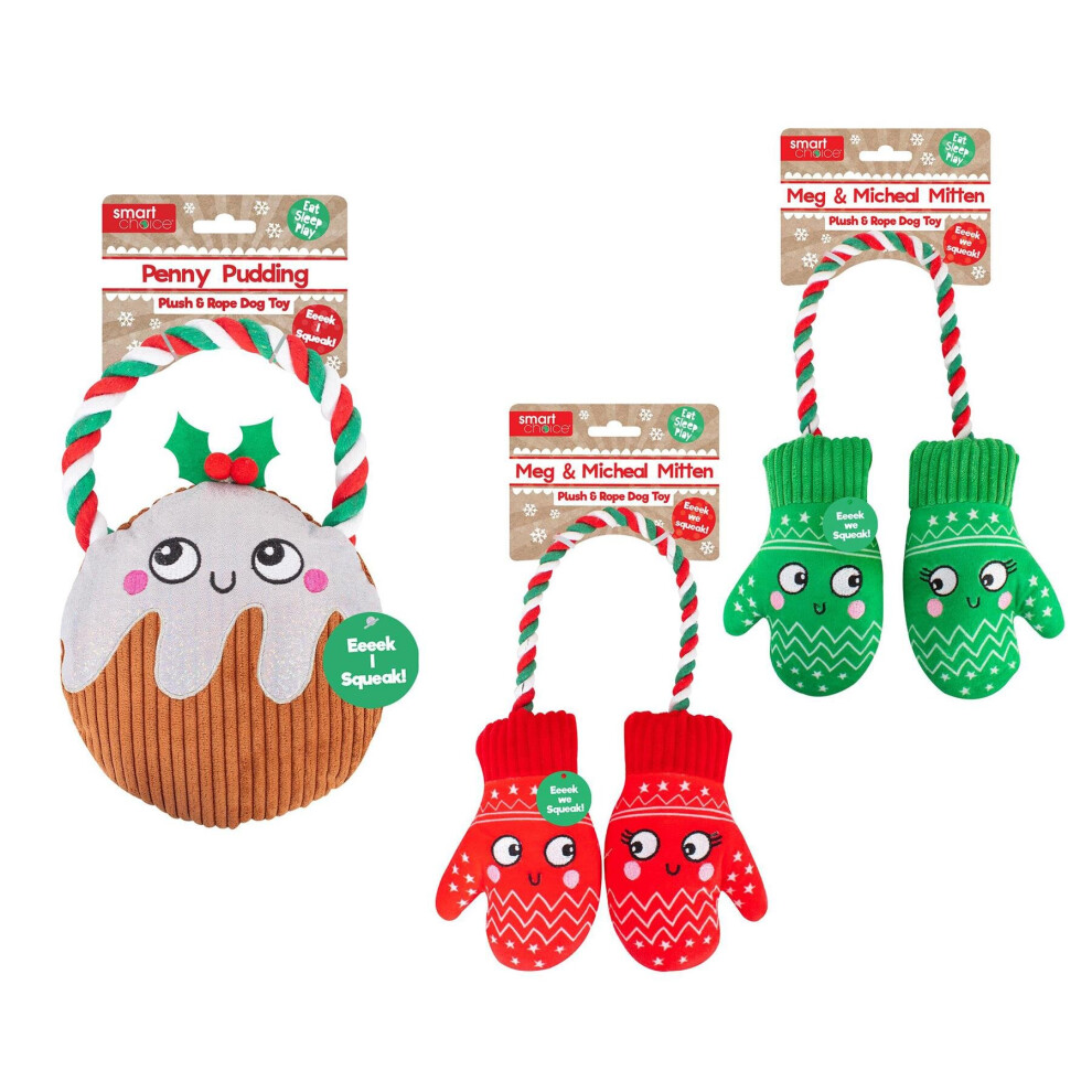 2 Christmas Dog Toy Pudding Gloves Mittens Plush Rope Tug Of War