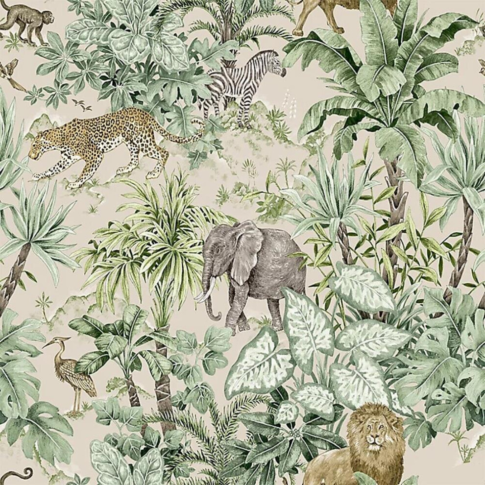 Grandeco Safari Green Wallpaper Animal Print Tropical Jungle Lion Zebra Elephant