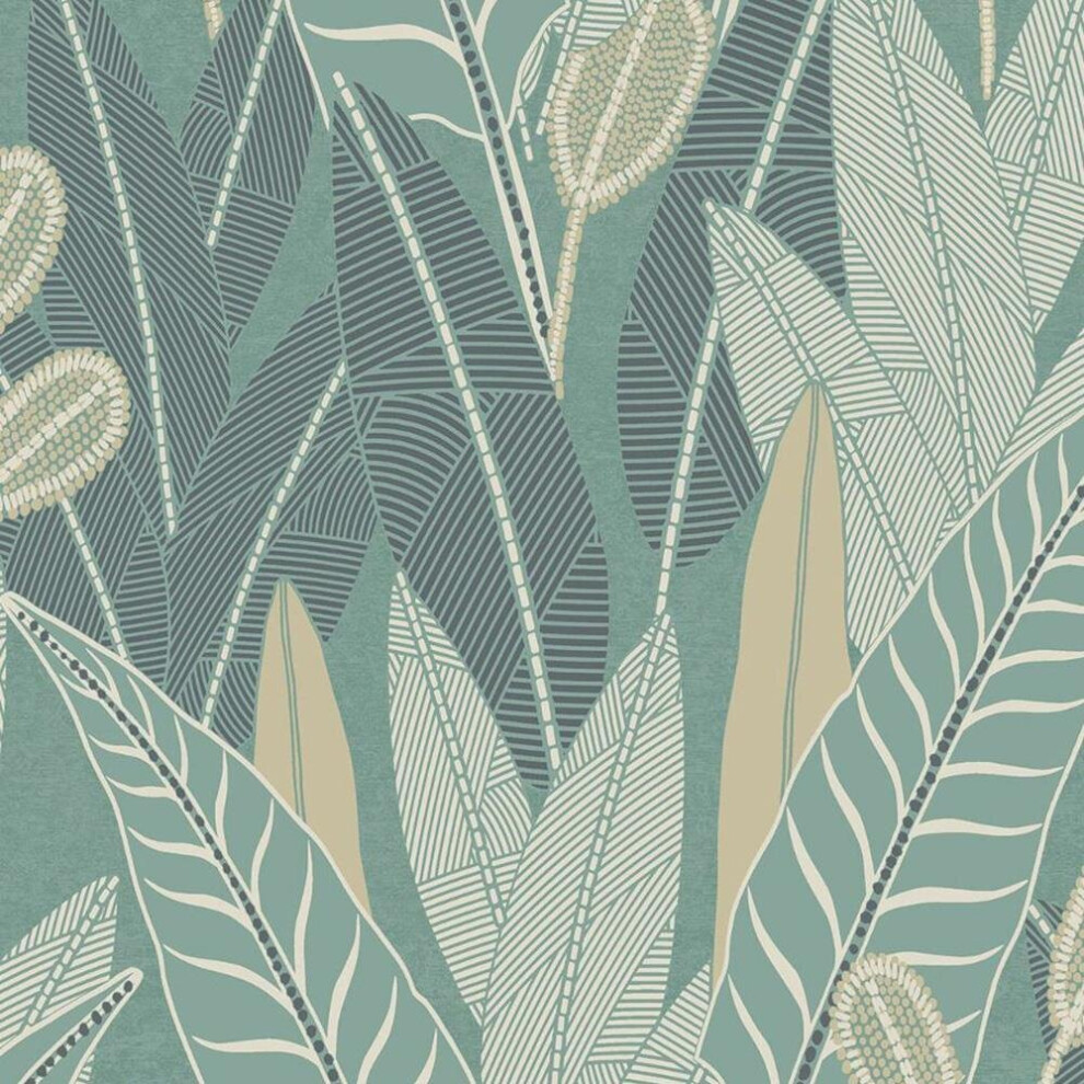 Grandeco Attitude Teal Palm Leaf Wallpaper Gold Glitter Vinyl