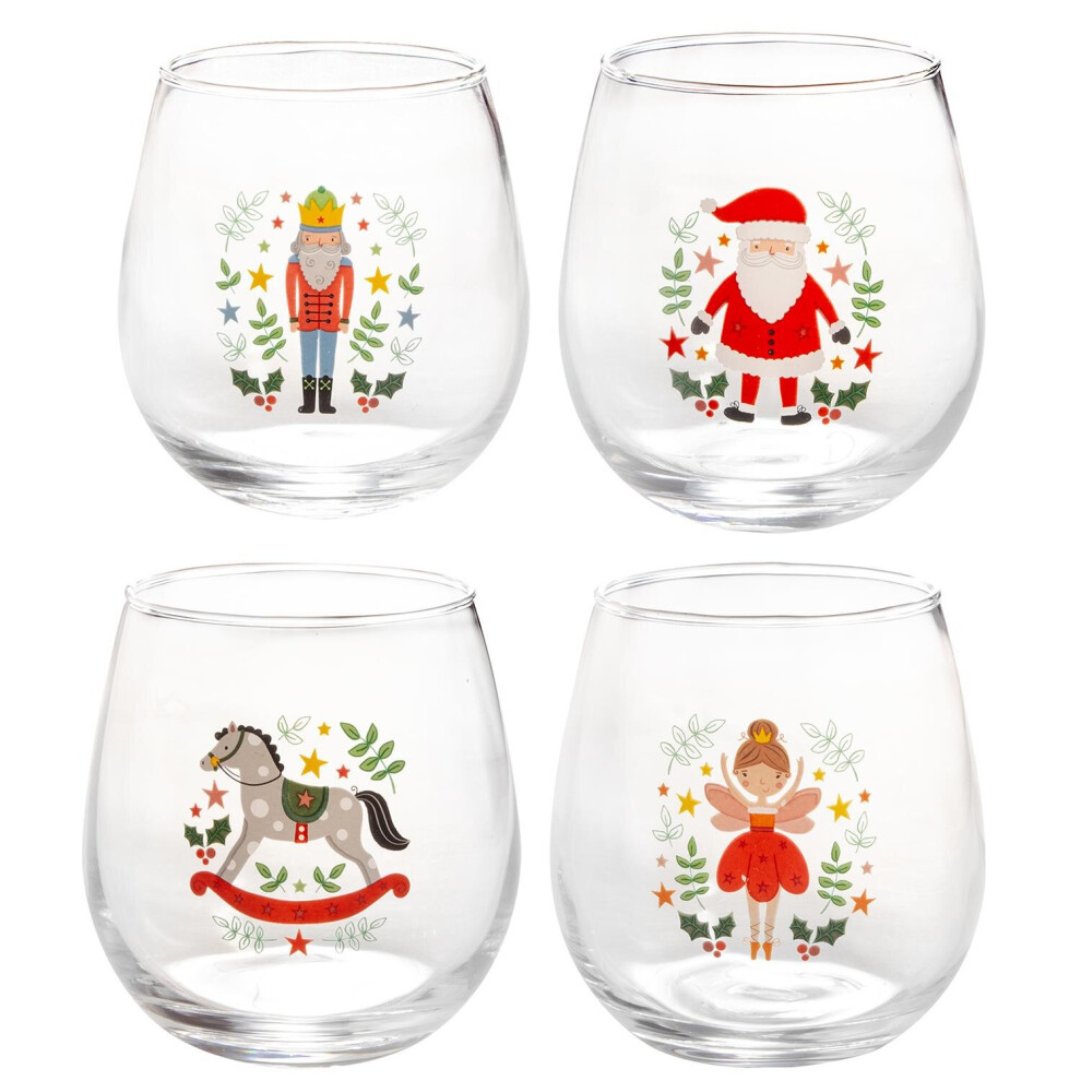 Set Of 4 Christmas Glass Tumblers Glasses Cups Xmas Eve Party Festive