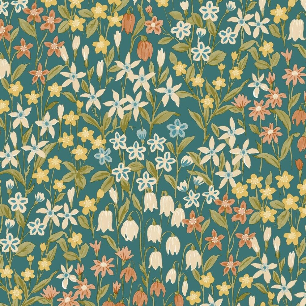 Grandeco Ciara Floral Teal Wallpaper Flowers Naturistic Paste The Wall Vinyl 5411012494810