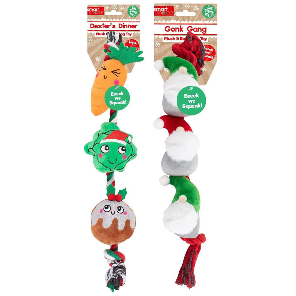 Christmas Rope Dog Toy Set of 2  - Carrot, Sprout and Pudding Gonk Plush Rope Dog Toy Indoor Outdoor Dog Puppy Squeak Toy