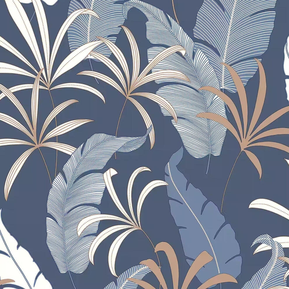 Arthouse Selago Blue Leaf Wallpaper Metallic Bronze Effect Modern Paste The Wall