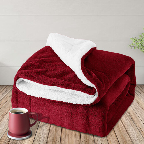 (Single: 130X150 cm) Warm Sherpa Blanket Reversible Red Bed Throw Sofa Mink