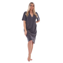 (Dark Grey, XL) Malay Ladies Plain Cotton Nightwear V-Neck Pleated Short Sleeve Nightie Nightshirt