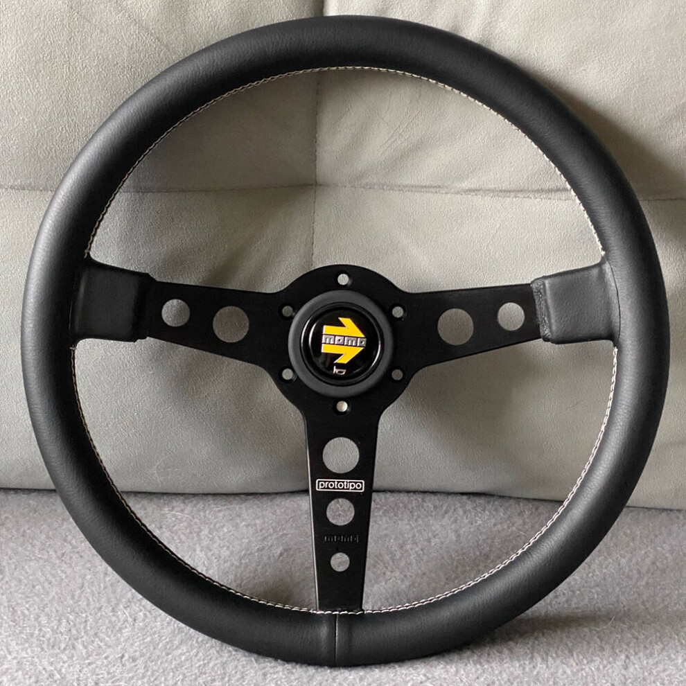 (Black) 14inch/350mm For Momo Prototipo Style Pu Leather Racing Sport Steering