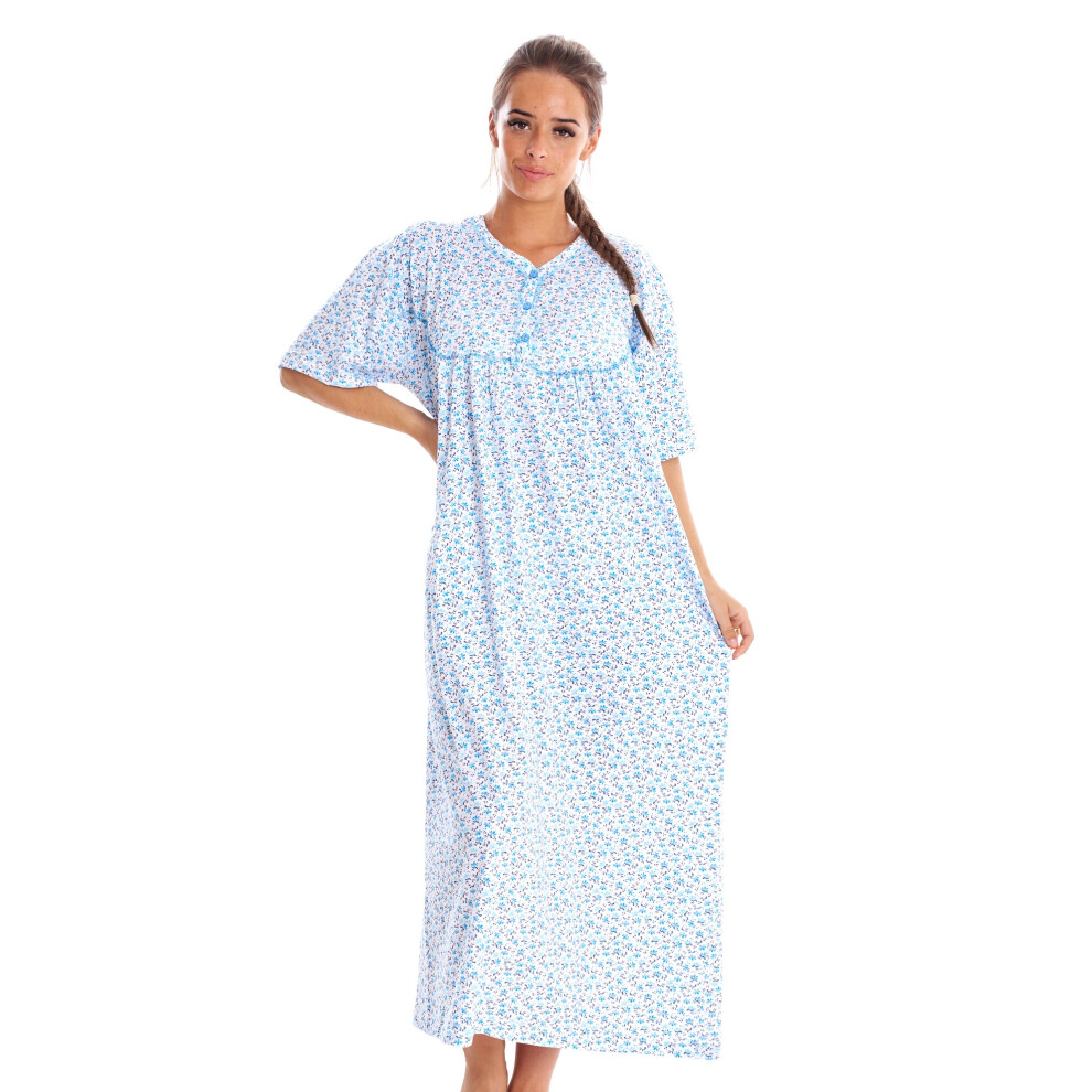 (Blue, L) Women Cotton Long Nightdress Floral Button Short Sleeve Crew Neck Nightwear