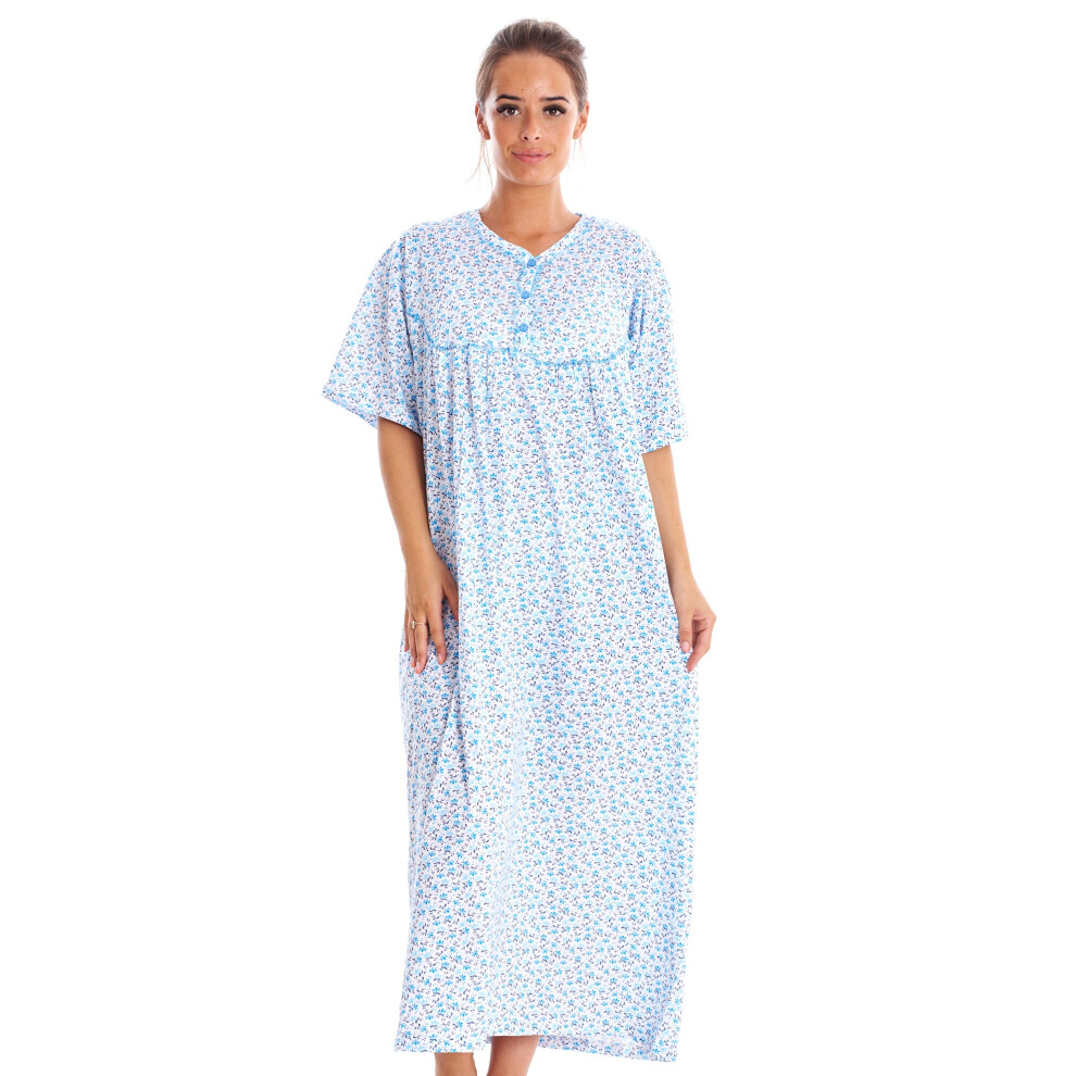 (Blue, XL) Women Cotton Long Nightdress Floral Button Short Sleeve Crew Neck Nightwear