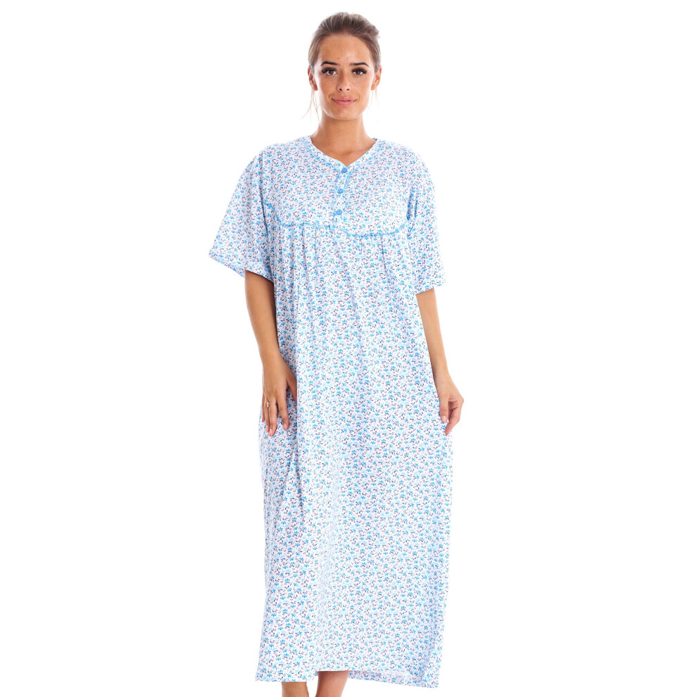 (Blue, XXXL) Women Cotton Long Nightdress Floral Button Short Sleeve Crew Neck Nightwear