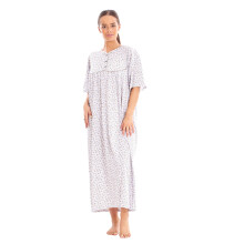 (Brown, XXL) Women Cotton Long Nightdress Floral Button Short Sleeve Crew Neck Nightwear