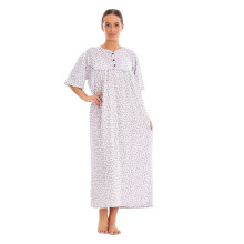 (Brown, XXXL) Women Cotton Long Nightdress Floral Button Short Sleeve Crew Neck Nightwear