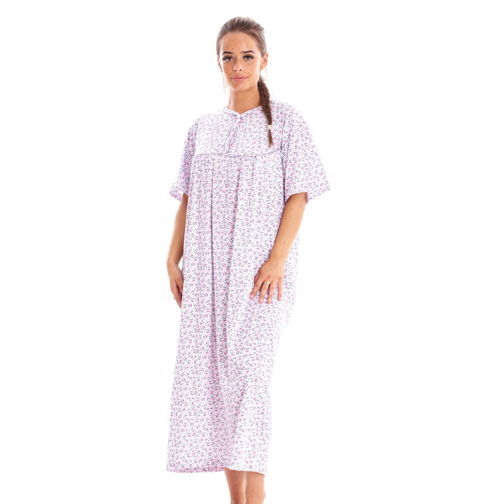 (Lavender, L) Women Cotton Long Nightdress Floral Button Short Sleeve Crew Neck Nightwear