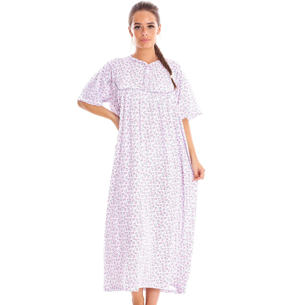 (Lavender, XXL) Women Cotton Long Nightdress Floral Button Short Sleeve Crew Neck Nightwear