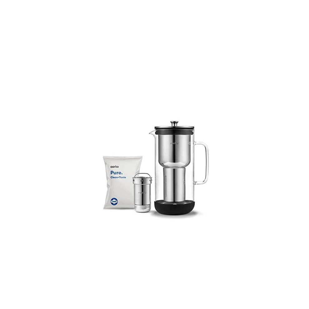 Aarke Purifier, Water Filter Jug in Glass and Stainless Steel, 2.4L / 10 cups, Includes Aarke Pure Filter Refill Bag