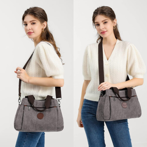 (Grey) Kono Canvas Handbag Women Hobo Shoulder Bag Vintage Top Handle Crossbody Bag Casual Multifunction Tote Bag for Working Shopping 2