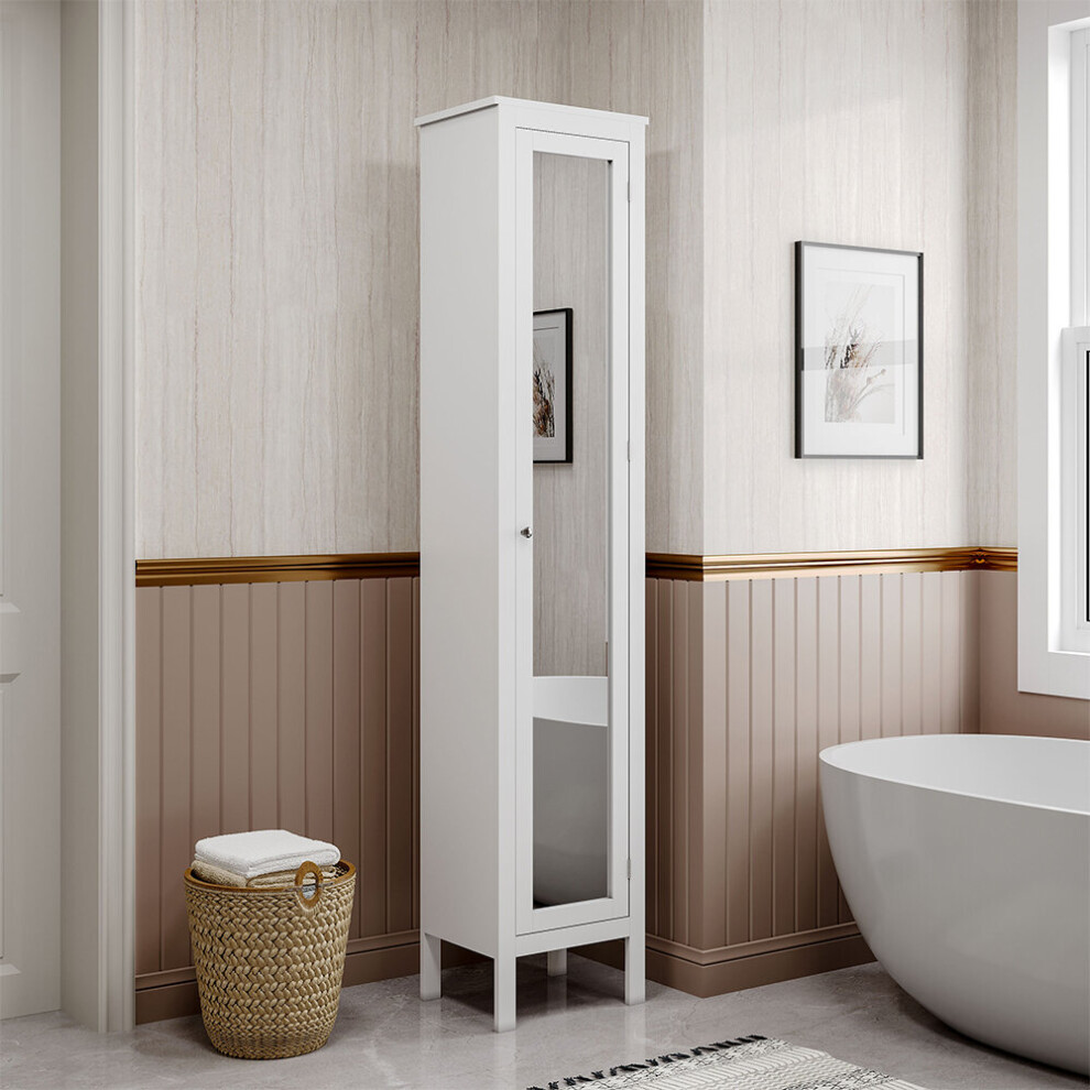 Bathroom Bedroom Slim White Tall Cabinet with Mirror Door