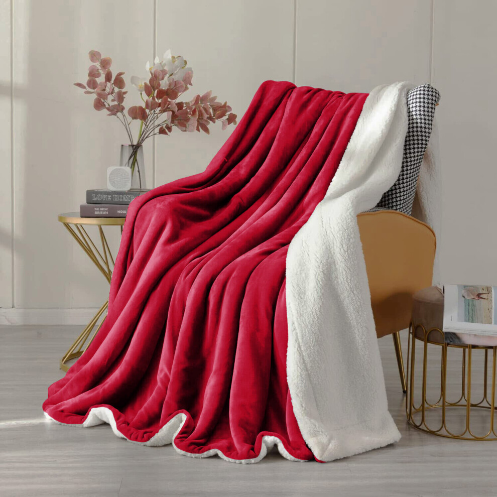 (Double: 150 X 200 cm, Burgundy Red) Warm Soft Blanket Fleece Throw Sherpa Sofa Bed Blanket