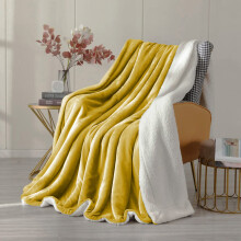(Double: 150 X 200 cm, Yellow Ochre) 480GSM Sherpa Fleece Reversible Blanket Sofa Throw - Thick Blanket for all Seasons UK Made