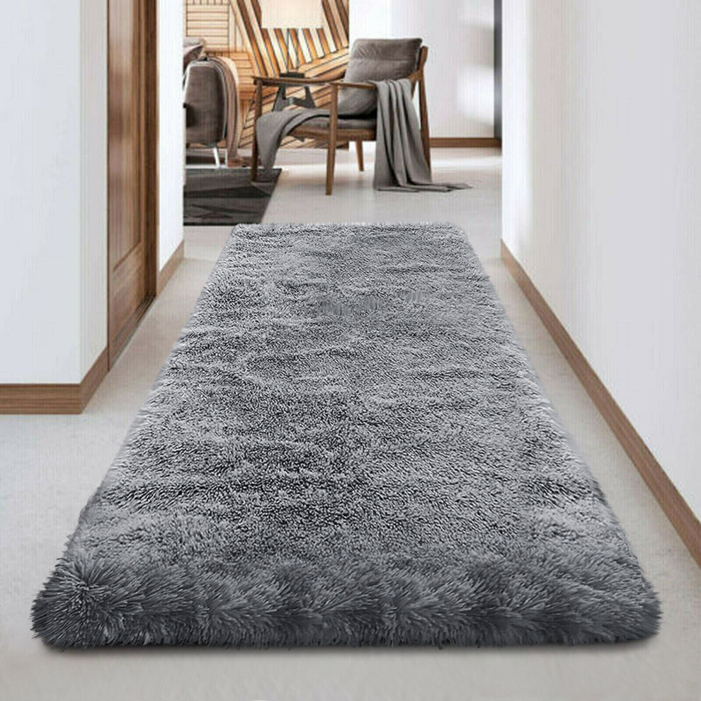 (60cm x 220cm (2ft x 7ft 7")- Runner Rug) Anti-Slip Shaggy Grey Rugs Bedroom Carpet Doormats