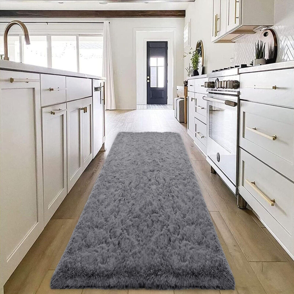 (80cm x 150cm (2ft 8" x 5ft)- Large Runner Rug) Anti-Slip Shaggy Grey Rugs Bedroom Carpet Doormats