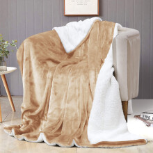 (Double: 150 X 200 cm, Beige Camel) 480GSM Sherpa Fleece Reversible Blanket Sofa Throw - Thick Blanket for all Seasons UK Made