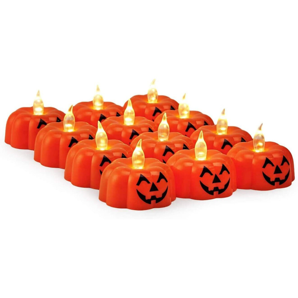 12pcs LED Orange Pumpkin Lanterns - 3D Halloween Flameless Tea Lights - Battery Operated Tealight Candles for Halloween Decorations Indoor and Outdoor