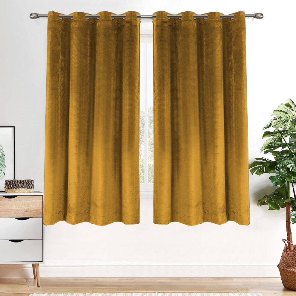 (66" width x 54" drop - 168cm width x 137cm drop., Mustard) Eyelet Ring Top Curtains Velvet Lined Curtain Pair