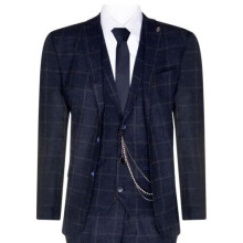 (36) Mens 3 Piece Wool Suit Navy Blue Tweed Check Peaky Blinders 1920 Gatsby Formal