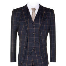 (42) Mens Navy Blue Check 3 Piece Tweed Suit Peaky Blinders 1920s Gatsby Tailored Fit