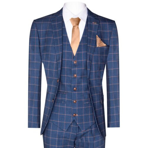 (52) Mens 3 Piece Blue Gold Check classic 1920 suit