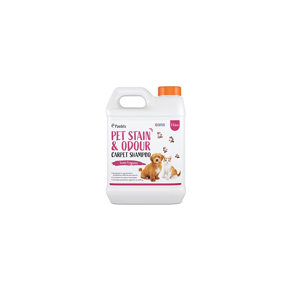 Pawbits Pet Stain and Odour Carpet Shampoo 1L Super Concentrated - Lemon Scented Carpet and Upholstery Cleaner with Odour Neutraliser - Removes Cat