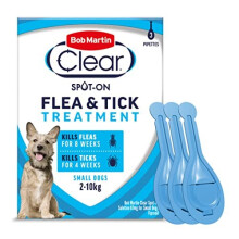 Bob Martin Clear | Spot On Flea Treatment for Small Dogs (2-10Kg) | Kills Fleas, Ticks & Lice | Fast Control, 24 Week Protection (3 Pipettes)