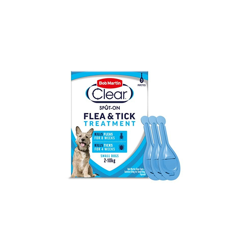 Bob Martin Clear | Spot On Flea Treatment for Small Dogs (2-10Kg) | Kills Fleas, Ticks & Lice | Fast Control, 24 Week Protection (3 Pipettes)