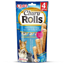 Ciao Churu Rolls by INABA Cat Treat - Chicken, Tuna & Scallop Flavour (4 x 10g) / Crispy Sticks with Creamy Filling Cat Treat, Delicious & Healthy