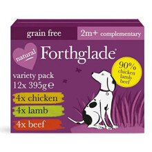 Forthglade Complementary Natural Wet Dog Food - Grain Free & Vegetables Just Variety Pack (12 x 395g) Trays - 90% Chicken, Lamb & Beef, Packaging may