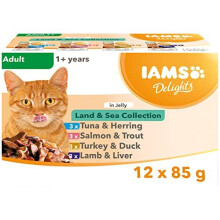 IAMS Delights Complete Wet Cat Food for Adult 1+ Cats Meat and Fish Variety in Jelly Multipack 12 x 85 g Pouches