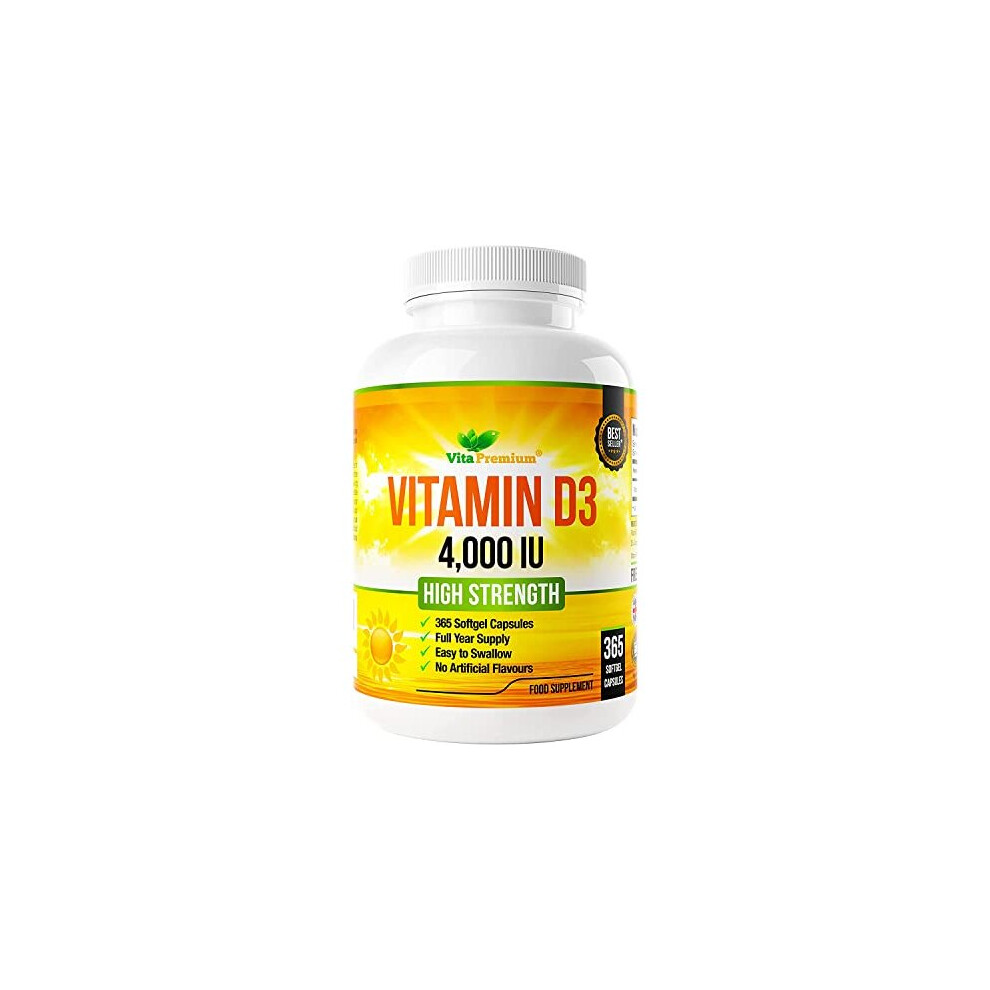 Vita Premium Vitamin D 4,000 Iu, Maximum Strength Vitamin D3 Supplement, 365 Easy To Swallow Softgels - Full Year Supply