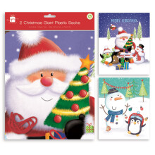 Pack Of 2 Giant Plastic Christmas Santa Sacks Stocking Present Bag Gift Wrap