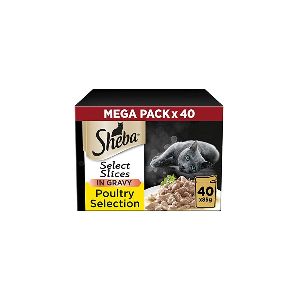 Sheba Select Slices Poultry Collection in Gravy 40 Pouches, Adult Wet Cat Food, Megapack (40 x 85 g)