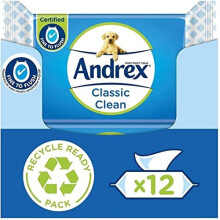 Andrex Classic Clean Washlets - 12 Packs - Flushable Toilet Tissue Wet Wipes with Micellar Water - Biodegradable & Plastic-Free - Use with regular