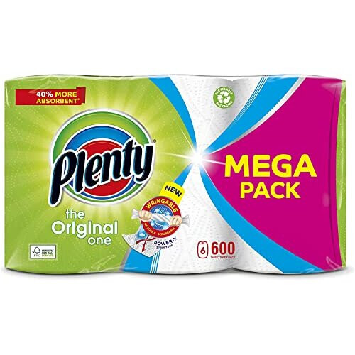 Plenty PLENTY Kitchen Towel, 6 White Rolls, 600 Sheets of Kitchen Roll, 2-Ply Tissue 1