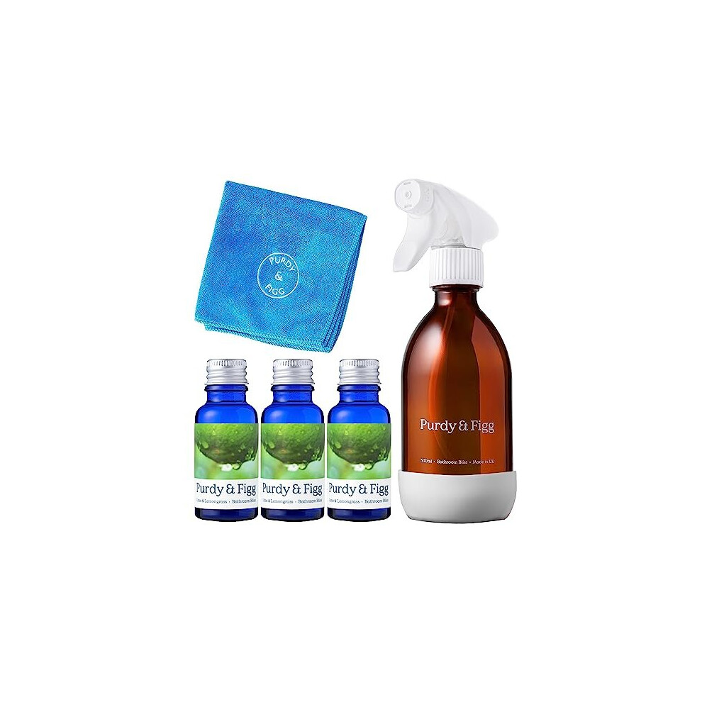 Purdy & Figg | Bathroom Bliss Starter Kit | All Natural Gentle Non Toxic Organic Essential Oils Bathroom Cleaner | Lime & Lemongrass| Streak-free
