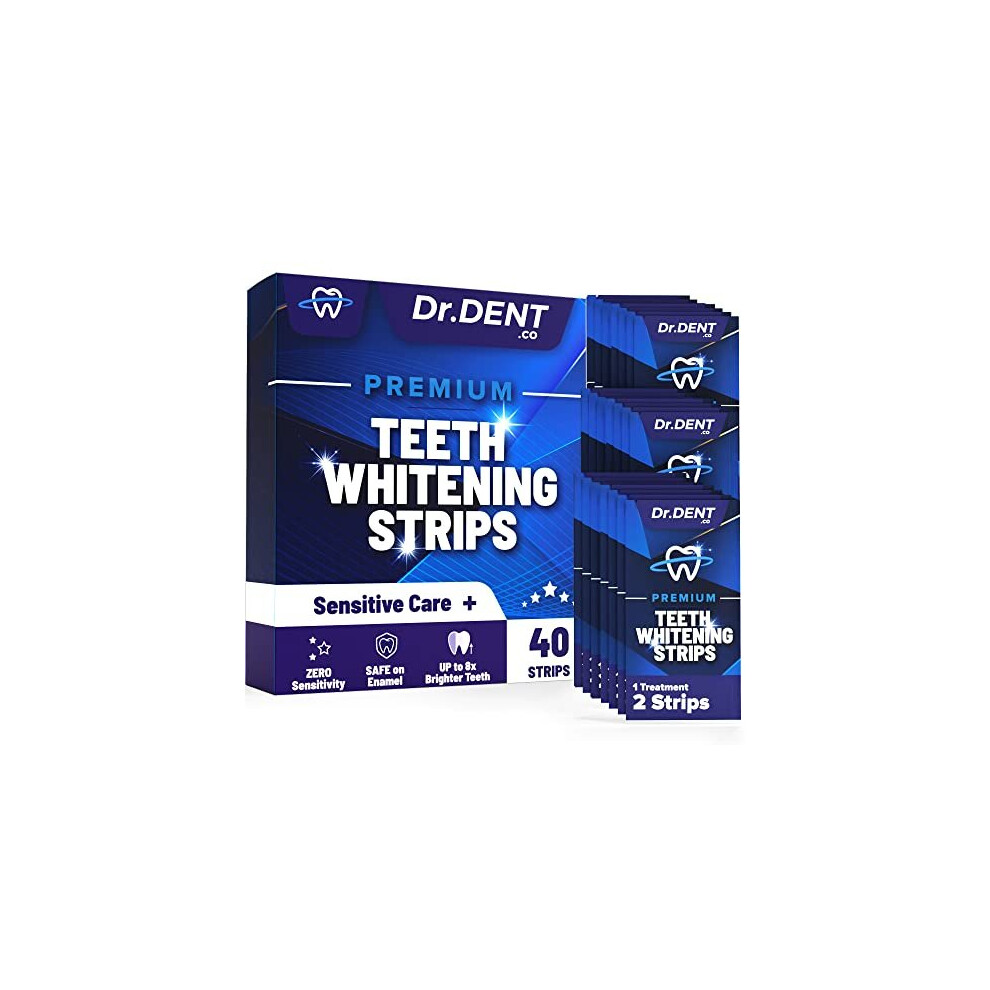 DrDent Premium Teeth Whitening Strips - 20 Whitening Sessions - Non-Sensitive Formula - 40 Peroxide Free Whitening Strips - Safe for Enamel + Mouth