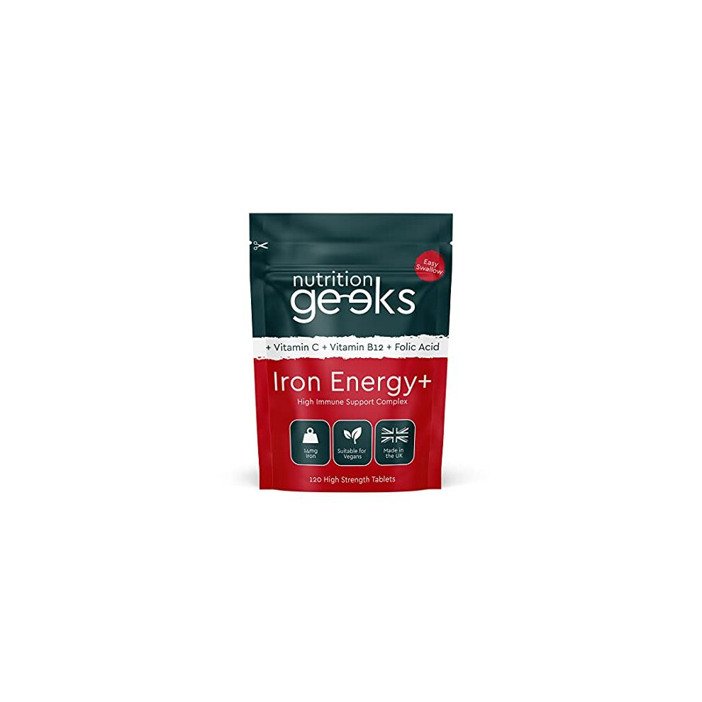 Nutrition Geeks Iron Tablets High Strength Tablets With Vitamin C, B12 & Folic Acid - 120 Vegan Supplements For Women And Men - 14Mg Iron Vitamin For Enhanced Energy