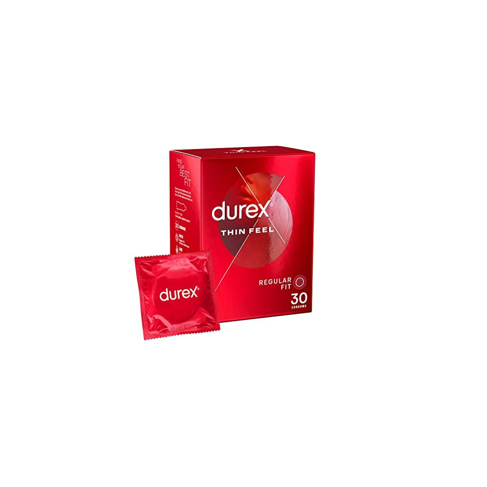 Durex Thin Feel Condoms, Regular Fit, 30s, Secure, Tighter, Natural Latex