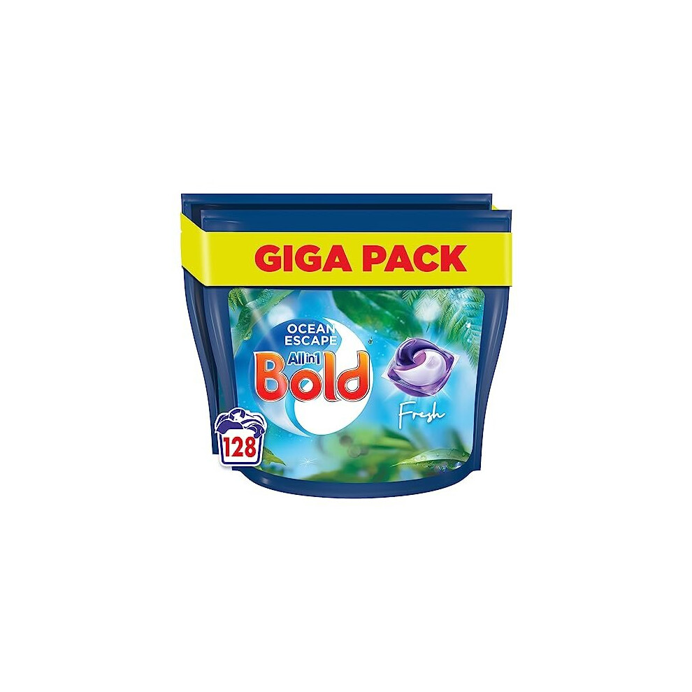 Bold All-In-1 Pods Washing Liquid Laundry Detergent Tablets / Capsules, 128 Washes (64 X 2), Ocean Escape, With Built-In Lenor Fabric Softener