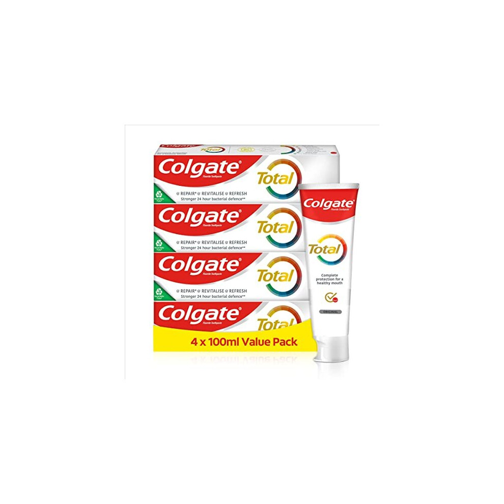 Colgate Total Original Toothpaste (4 x 100 ml), 24 Hour Antibacterial Toothpaste, Complete Protection for Your Whole Mouth, Protects Against Cavities,