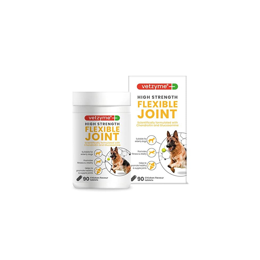 Vetzyme | High Strength Flexible Joint Supplements for Senior Dogs | Hip & Joint Care Tablets | Tasty Chicken Treats with Glucosamine & Omega 3, 90