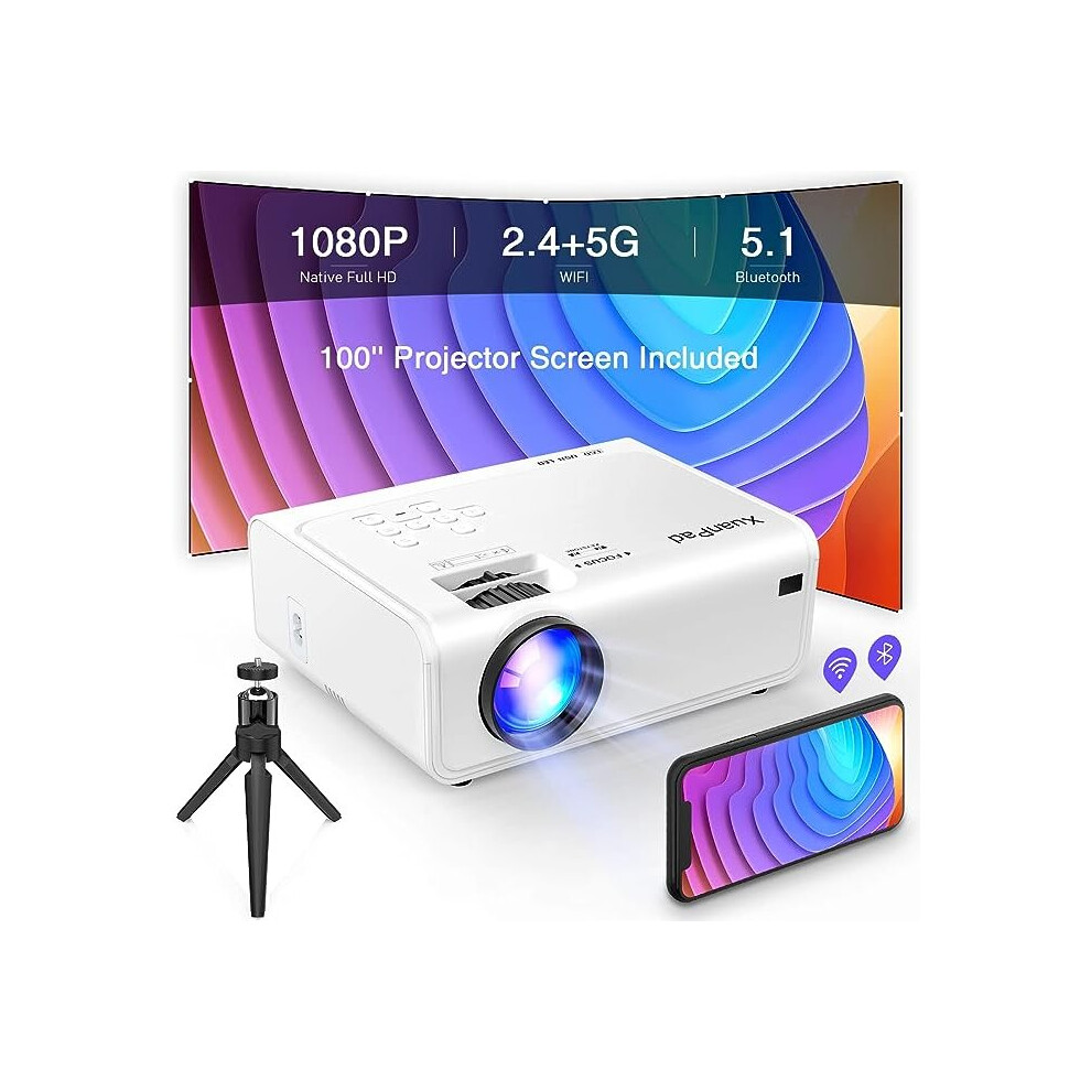 (White) Projector, XuanPad Native HD 1080P 5G WiFi Bluetooth Projector, Outdoor Movie Projector 4K Supported, 6D/4P Keystone Correction